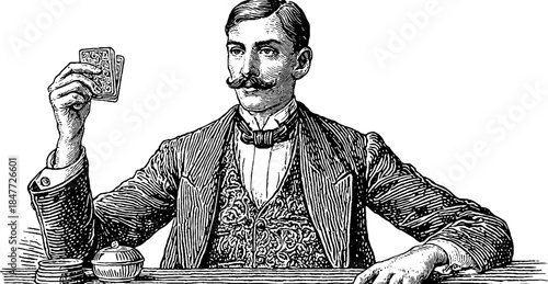 Vintage gambler portrait with card deck and poker theme for casino design