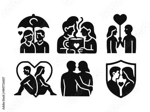 Romantic couple silhouette icon set. featuring umbrella, coffee, balloons, heart, shield symbols