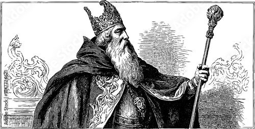 Regal majesty in ceremonial attire full body portrait - vintage hand drawn sketch