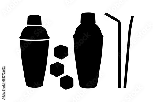Silhouette of cocktail shakers with ice cubes and straws.