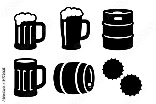 Silhouettes of beer mugs, barrel, keg, and bottle caps.