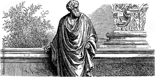 Vintage silhouette of a greek artisan chiseling in nature - retro design for prints