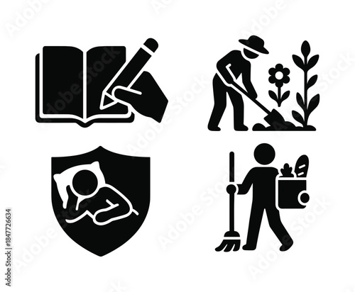 Daily life activities silhouette icon set. featuring reading, gardening, sleeping, and cleaning symbols