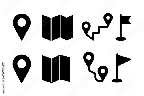 Navigation icons: map, location pins, and flag illustrations.