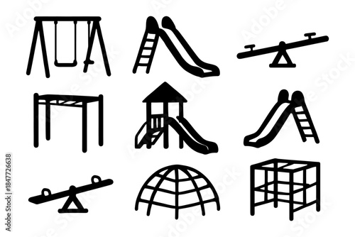 Playground equipment icons: swings, slides, seesaws, climbing structures.