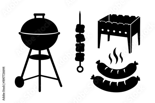 Barbecue equipment silhouettes: grill, skewers, charcoal stove, sausages.