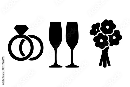 Wedding symbols: rings, champagne glasses, and flower bouquet icons.