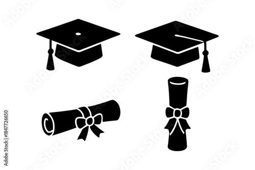 Graduation icons: caps and diplomas in black and white silhouettes.