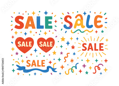 Shopping and sales flat icon set. featuring sale signs, hearts, ribbons, stars, lines, and confetti