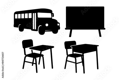 Silhouette of school bus, blackboard, and desks in classroom scene.