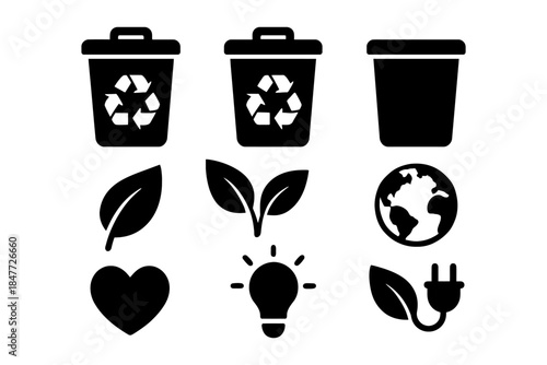 Eco-friendly icons collection with recycling bins and nature symbols.