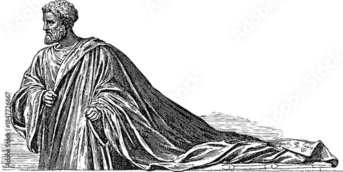 Regal medieval king with flowing mantle in vintage engraving style