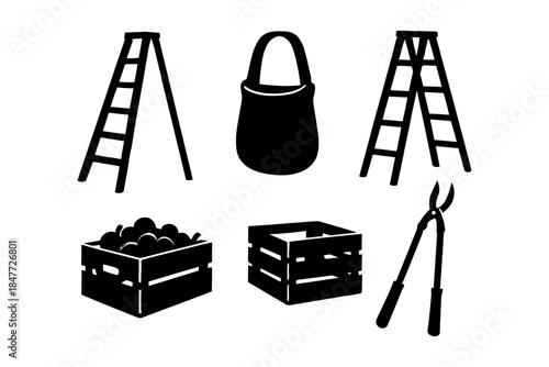 Gardening tools and equipment collection: ladders, basket, crates, pruners.