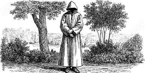 Medieval monk silhouette in cloak amidst nature background for historical design