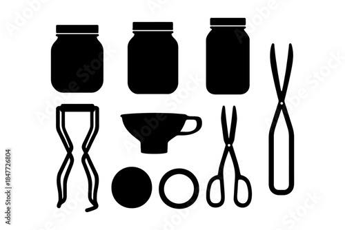 Silhouette of canning jars, funnel, and tools for preserving.