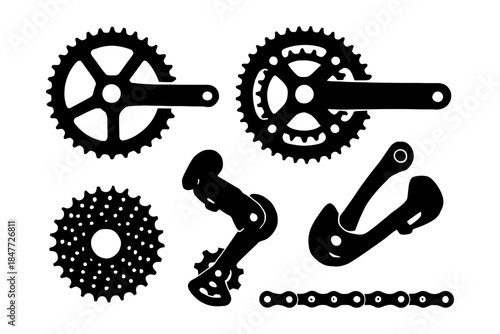 Silhouettes of bicycle gear components: chainrings, derailleurs, cogs, chain.