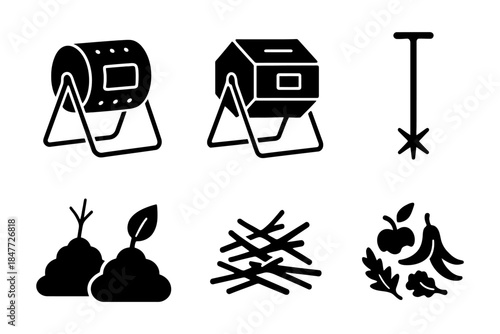 Black silhouette icons of composting tools and compost piles.