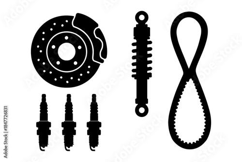 Silhouette of car parts: brake disc, spark plugs, shock absorber, belt.