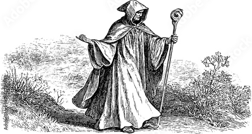 Mysterious medieval mystic in hooded robe and staff - vintage illustration for historical themes