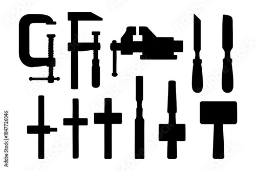 Silhouette of various hand tools including clamps and chisels.
