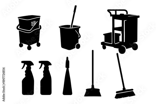 Silhouettes of cleaning tools: mop, bucket, spray bottles, and cart.