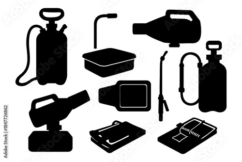 Silhouette of various sprayers and cleaning equipment icons.