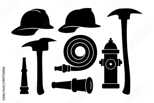 Firefighting equipment icons: helmets, axes, hose, hydrant, nozzles.