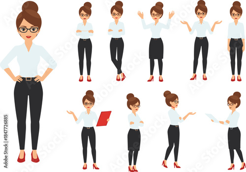 Professional business woman character poses set, office female manager gestures, corporate style, cartoon vector illustration collection