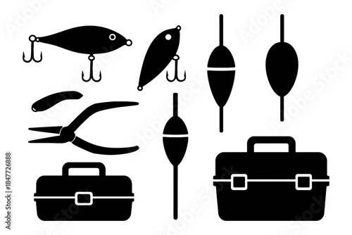 Black silhouette fishing gear: lures, floats, tackle box, pliers essentials.