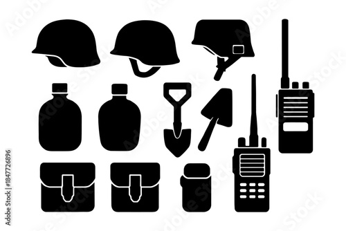 Set of military equipment silhouettes including helmets, radios, shovels, and canteens.