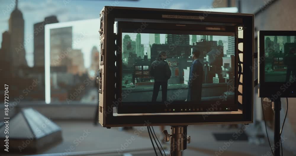 Film Renders Film Crew Tracks a Rooftop Standoff on a Dolly, Monitoring Actors ...