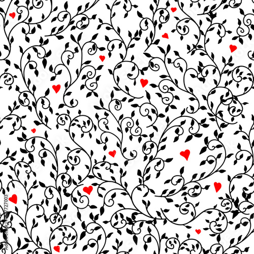 Cute seamless patterns of twigs and leaves. Vector illustration. A drawing of spring foliage and red hearts, isolated on white background. Suitable for printing on textiles, scrapbooking paper, covers