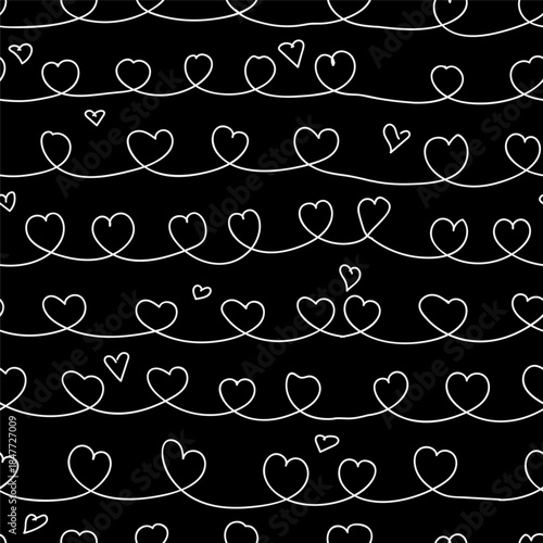 Cute white hearts, seamless pattern. Vector illustration. Valentine's Day hearts isolated on a black background. Suitable for printing on textiles, scrapbooking paper, covers, and cards.