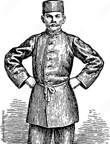 Vintage portrait of formal palace servant in traditional attire - retro illustration for historical design