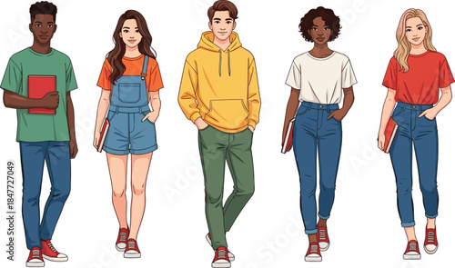 Diverse college students illustration group, young people walking with books, casual fashion, multicultural education concept, modern vector artwork