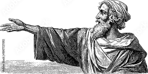 Renaissance figure with outstretched hand depicted in vintage style