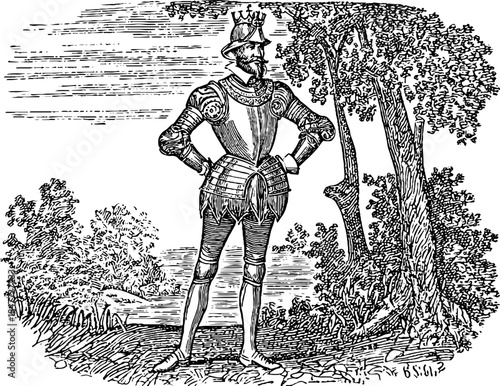 Regal portrait of monarch in ornate attire in vintage woodcut style