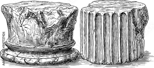 Ancient ruins: vintage engraved illustrations of broken columns for retro design