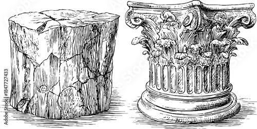 Vintage illustration of ancient broken columns and architecture objects for design and decoration