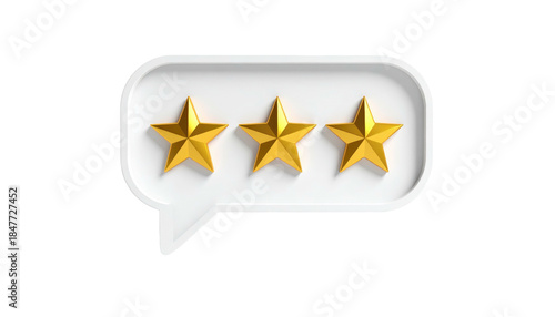 A glossy white speech bubble contains three golden stars, symbolizing a high rating against a dark background