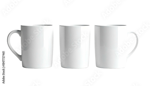 Three white ceramic mugs, two with handles, displayed against a black background in even, balanced composition