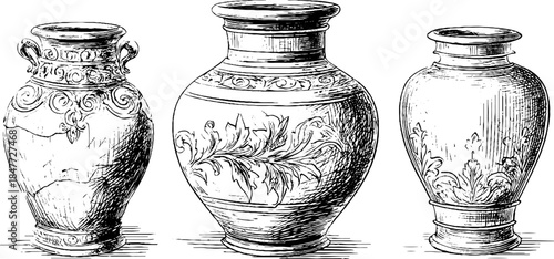 Antique clay vase collection: vintage engraved illustrations for art and design