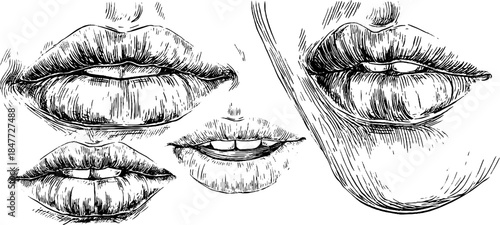 Vintage engraved illustration set of three marble sculpted lips for design