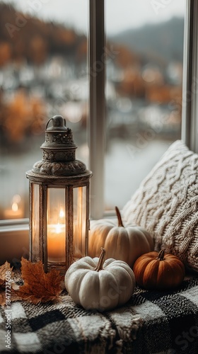 A cozy autumn scene with pumpkins, leaves, and plaid blankets in front of an open window overlooking the fall landscape