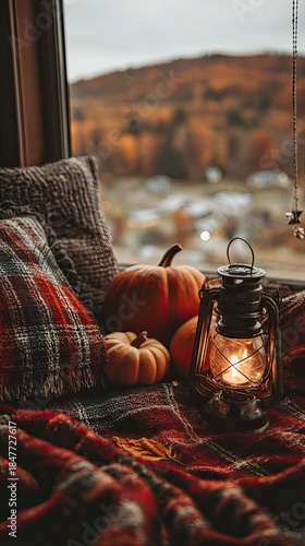 A cozy autumn scene with pumpkins, leaves, and plaid blankets in front of an open window overlooking the fall landscape