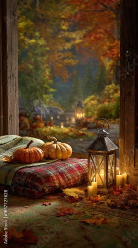 A cozy autumn scene with pumpkins, leaves, and plaid blankets in front of an open window overlooking the fall landscape