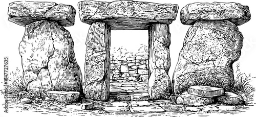 Ancient stone structures vintage engraving illustration for historical studies and design