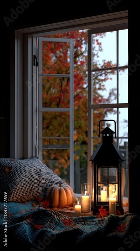 A cozy autumn scene with pumpkins, leaves, and plaid blankets in front of an open window overlooking the fall landscape