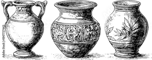 Vintage engraved illustration set of antique amphoras for retro decor and design