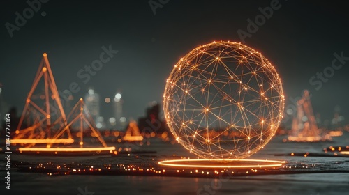 Abstract digital network sphere illuminated with connection points in futuristic scene